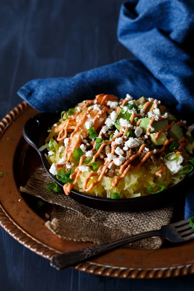 Korean Pork Spaghetti Squash Bowl with Kimchi, Avocado, and Gochujang Aioli | sharedappetite.com