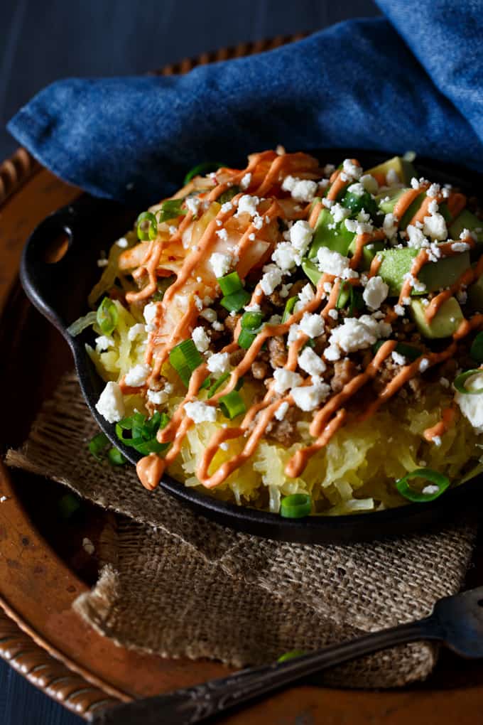 Korean Pork Spaghetti Squash Bowl with Kimchi, Avocado, and Gochujang Aioli | sharedappetite.com