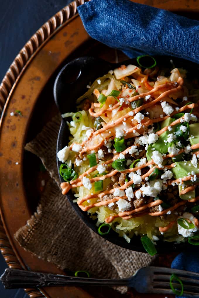 Korean Pork Spaghetti Squash Bowl with Kimchi, Avocado, and Gochujang Aioli | sharedappetite.com