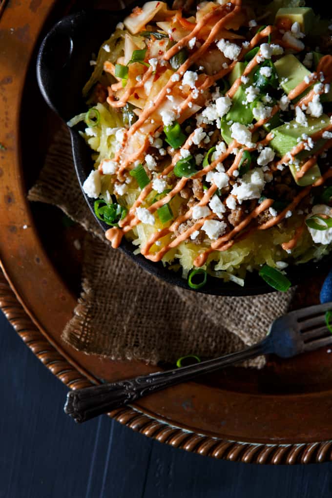 Korean Pork Spaghetti Squash Bowl with Kimchi, Avocado, and Gochujang Aioli | sharedappetite.com