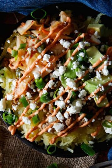 Korean Pork Spaghetti Squash Bowl with Kimchi, Avocado, and Gochujang Aioli | sharedappetite.com