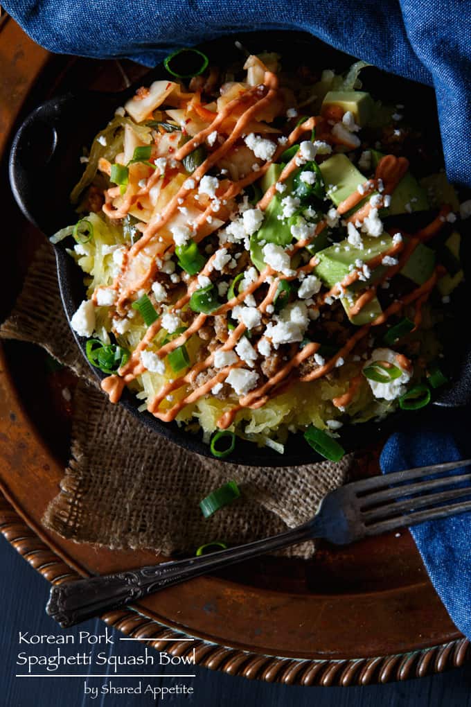 Korean Pork Spaghetti Squash Bowl with Kimchi, Avocado, and Gochujang Aioli | sharedappetite.com