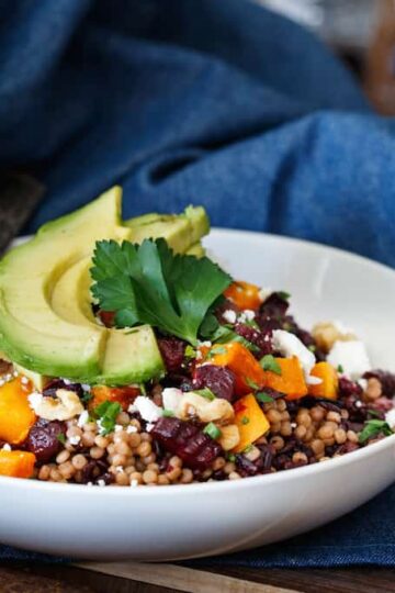 Roasted Vegetable Grain Salad with Avocado, Feta, and Walnut | sharedappetite.com