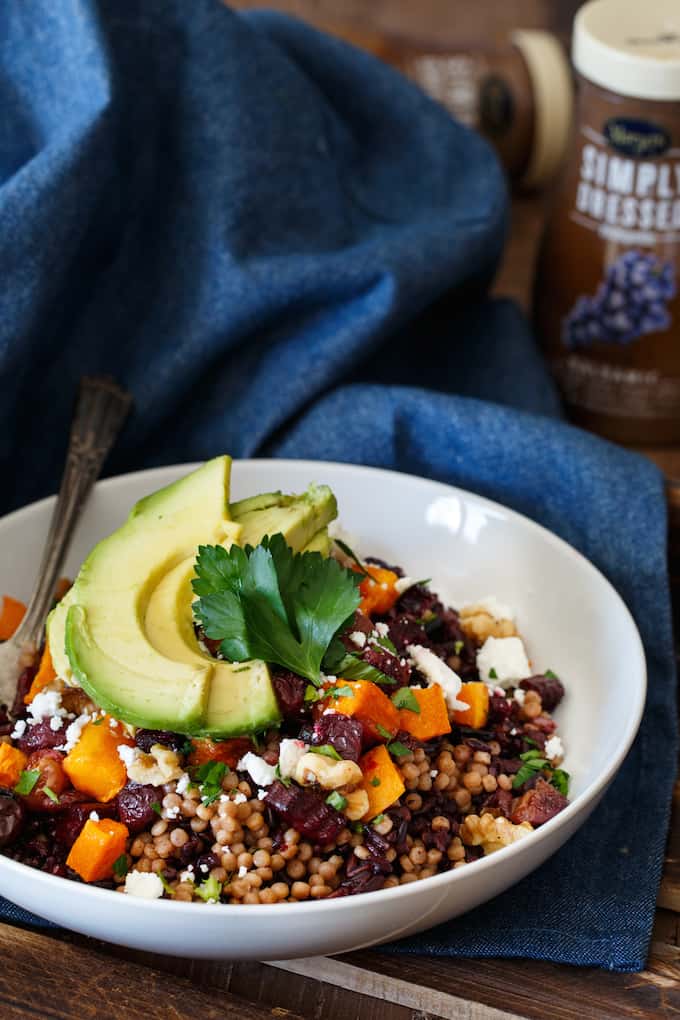 Roasted Vegetable Grain Salad with Avocado, Feta, and Walnut | sharedappetite.com