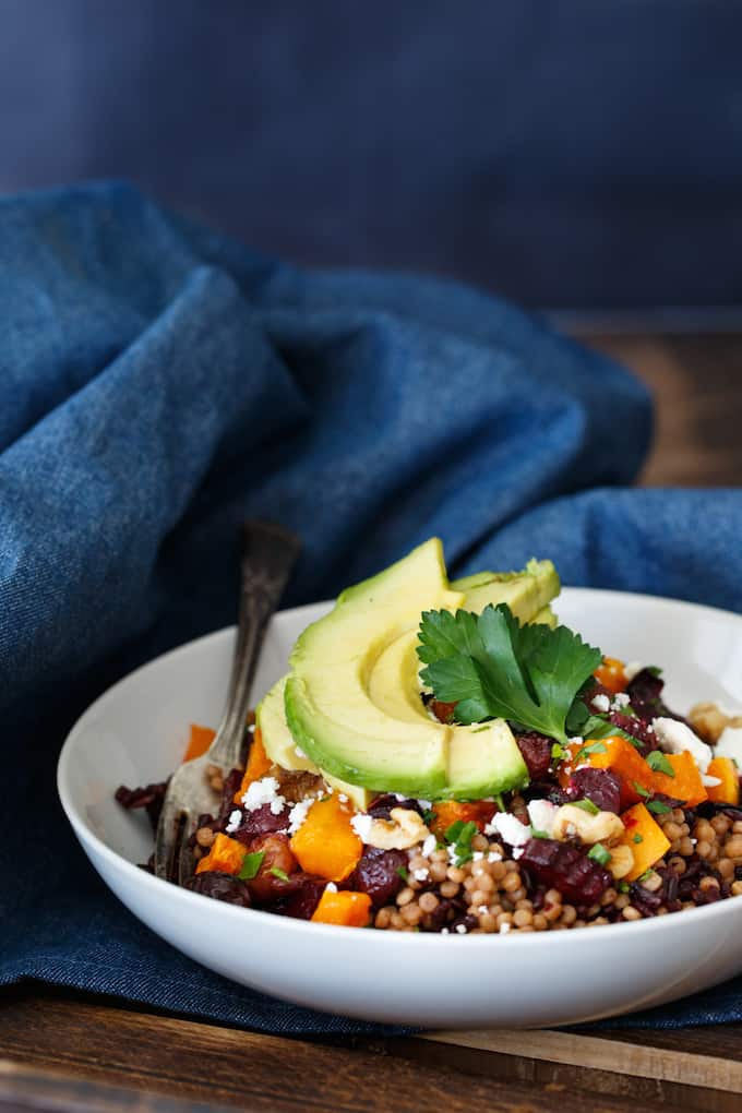 Roasted Vegetable Grain Salad with Avocado, Feta, and Walnut | sharedappetite.com