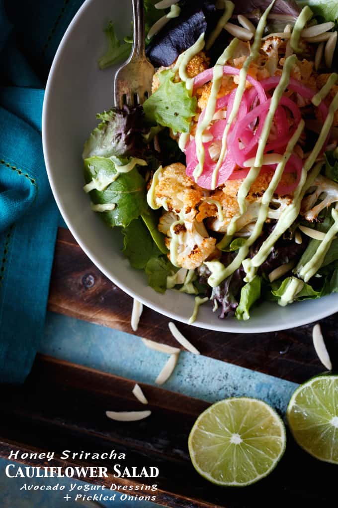 Honey Sriracha Cauliflower Salad with Pickled Onions + Avocado Yogurt Dressing | sharedappetite.com