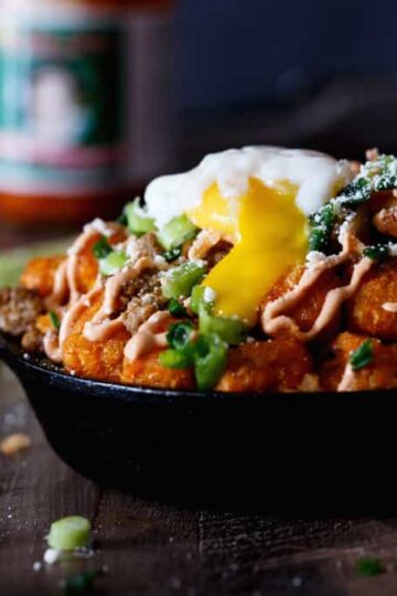 Korean Pork Kimchi Sweet Potato Totchos | sharedappetite.com