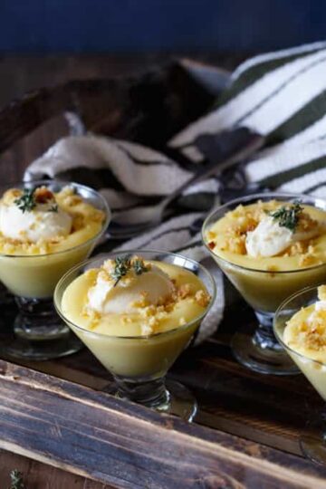Gluten-Free Meyer Lemon Custard with Almond Thyme Crumble and Honey Mascarpone | sharedappetite.com