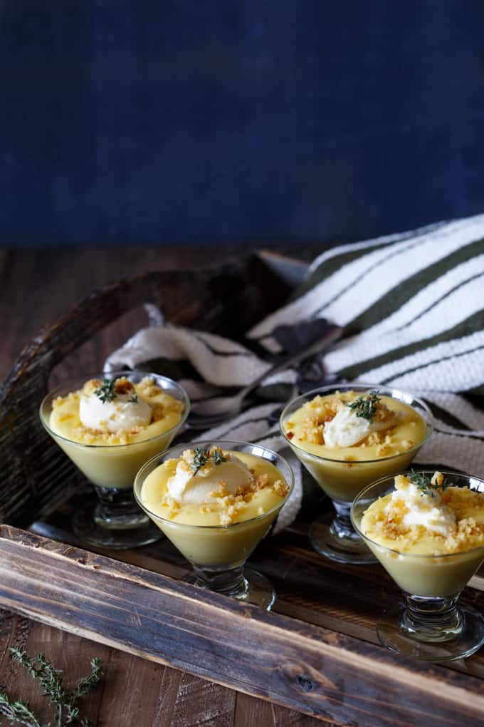 Gluten-Free Meyer Lemon Custard with Almond Thyme Crumble and Honey Mascarpone | sharedappetite.com