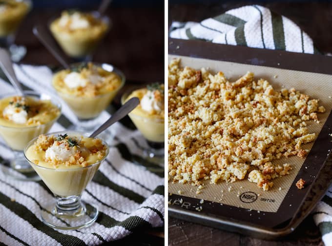 Gluten-Free Meyer Lemon Custard with Almond Thyme Crumble and Honey Mascarpone | sharedappetite.com