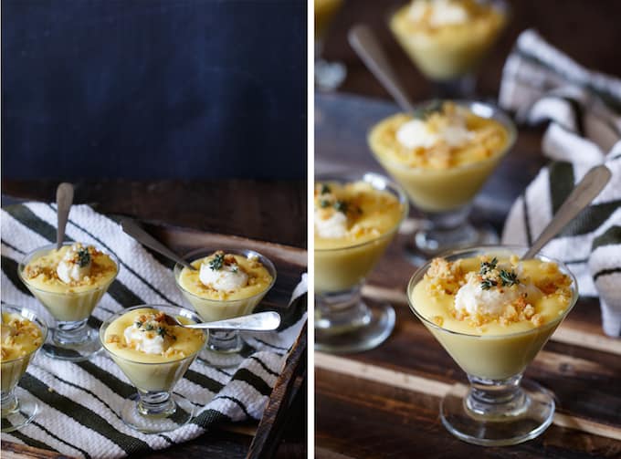 Gluten-Free Meyer Lemon Custard with Almond Thyme Crumble and Honey Mascarpone | sharedappetite.com