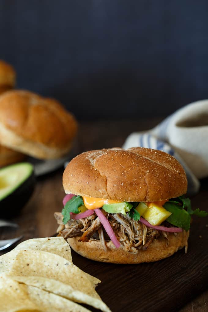 Pulled Pork Banh Mi Sandwich with Pickled Pineapple, Pickled Onions, and Avocado | sharedappetite.com