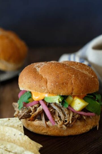 Pulled Pork Banh Mi Sandwich with Pickled Pineapple, Pickled Onions, and Avocado | sharedappetite.com