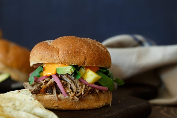 Pulled Pork Banh Mi Sandwich with Pickled Pineapple, Pickled Onions, and Avocado | sharedappetite.com