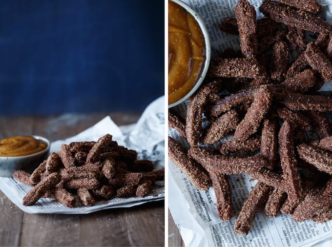 Mini Chocolate Churros with Peanut Butter Dipping Sauce | sharedappetite.com