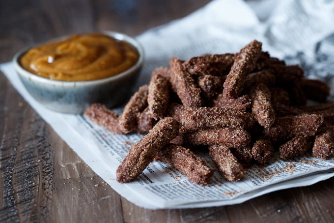 Mini Chocolate Churros with Peanut Butter Dipping Sauce | sharedappetite.com