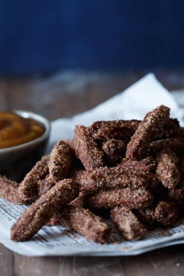 Mini Chocolate Churros with Peanut Butter Dipping Sauce | sharedappetite.com