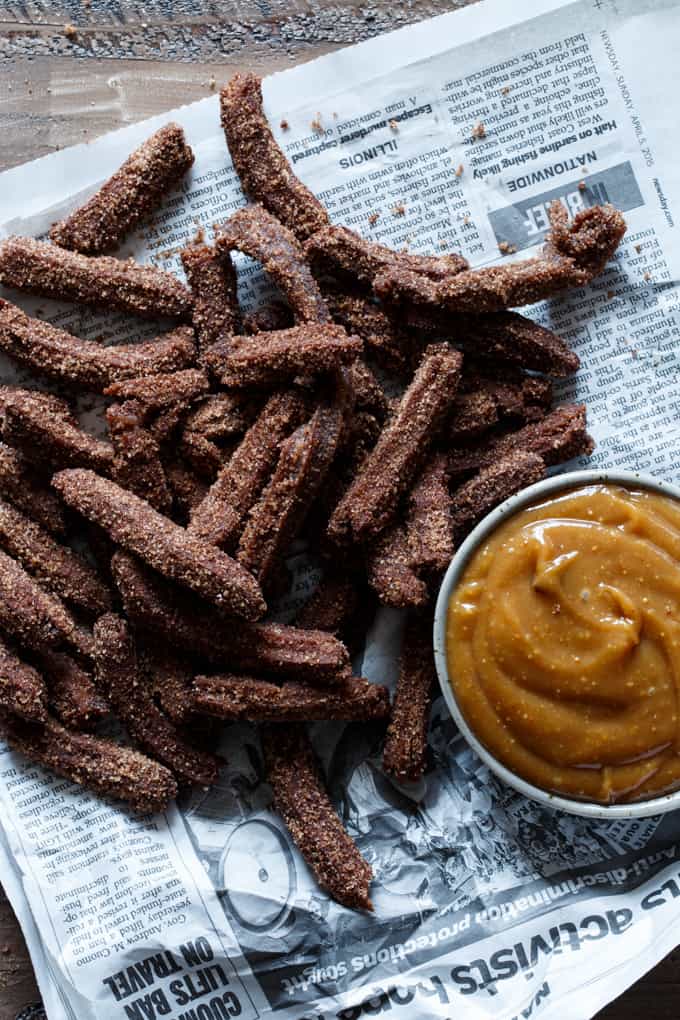 Mini Chocolate Churros with Peanut Butter Dipping Sauce | sharedappetite.com