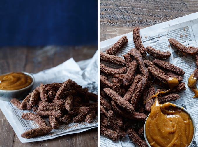 Mini Chocolate Churros with Peanut Butter Dipping Sauce | sharedappetite.com