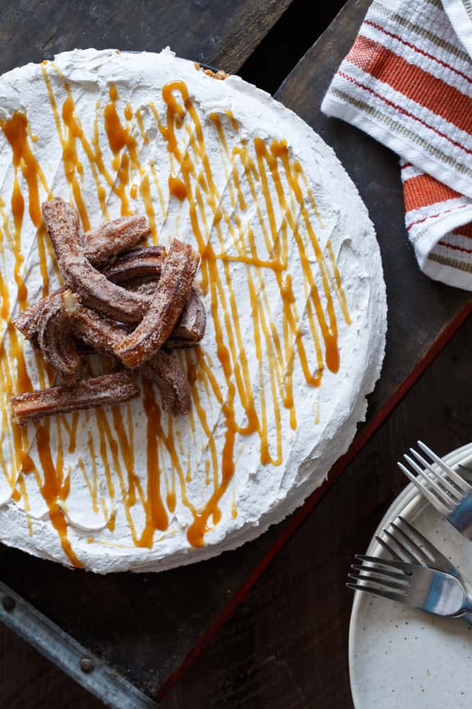 No Bake Churro Cheesecake with Cinnamon Toast Crunch Crust | sharedappetite.com