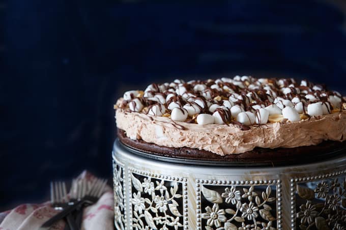 No Bake Rocky Road Cheesecake with a Brownie Crust | sharedappetite.com