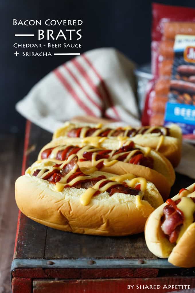 Bacon Wrapped Brats with Cheddar-Beer Sauce and Sriracha | sharedappetite.com