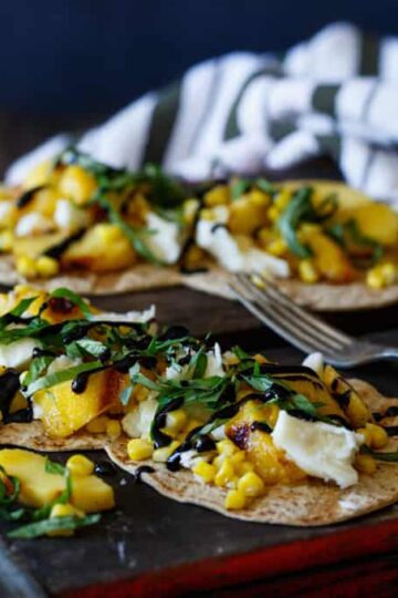 Peach, Corn, + Basil Flatbread with Balsamic Glaze | sharedappetite.com