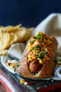 Bacon Mexican Street Corn Hot Dogs | sharedappetite.com