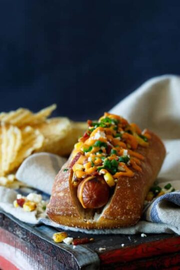 Bacon Mexican Street Corn Hot Dogs | sharedappetite.com