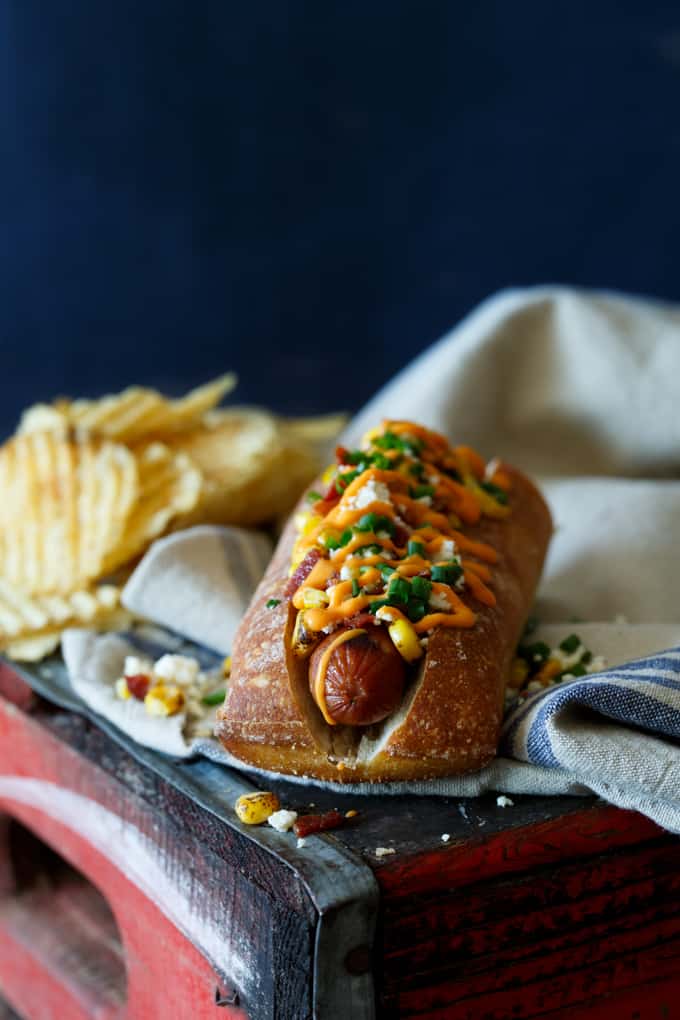 Bacon Mexican Street Corn Hot Dogs | sharedappetite.com