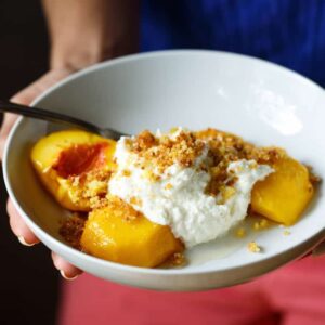 Roasted Peaches with Ricotta Buttercream and Sugared Cornbread Crumbs | sharedappetite.com