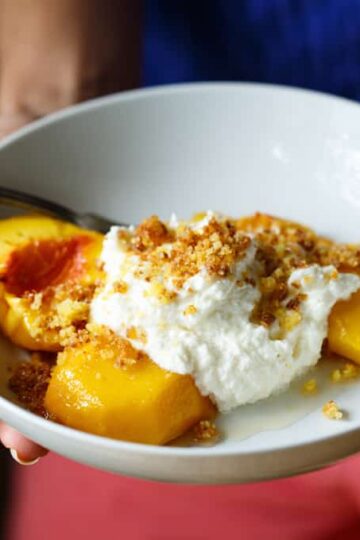 Roasted Peaches with Ricotta Buttercream and Sugared Cornbread Crumbs | sharedappetite.com