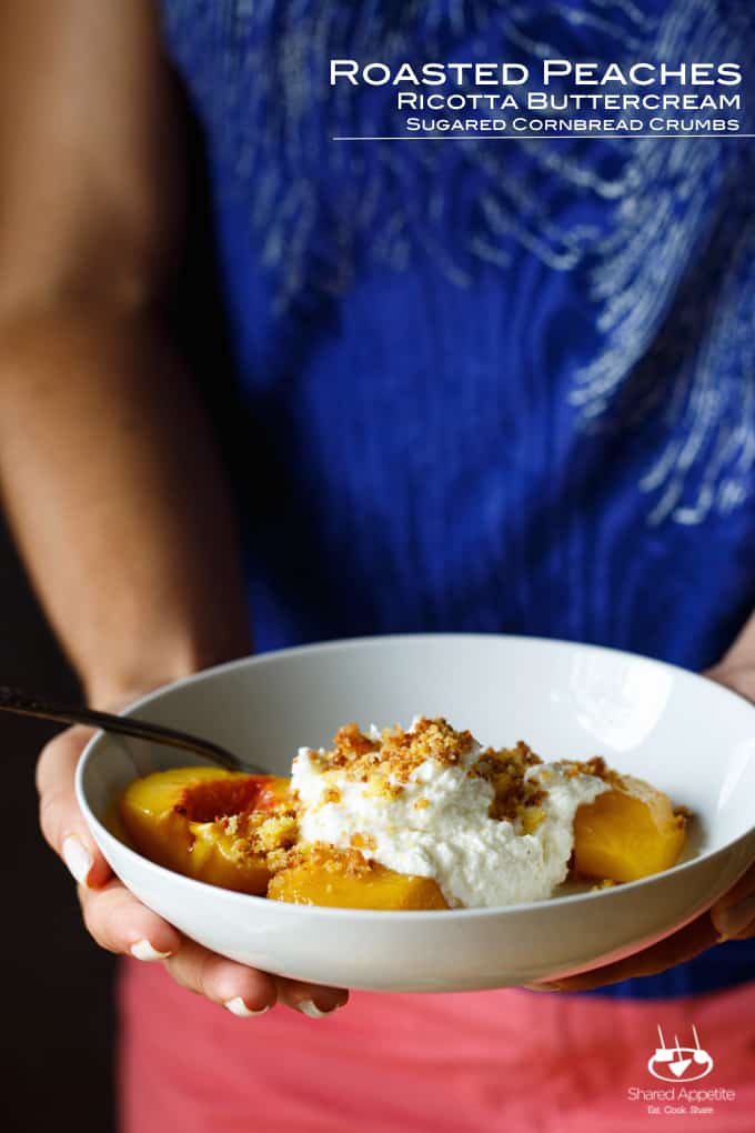 Roasted Peaches with Ricotta Buttercream and Sugared Cornbread Crumbs | sharedappetite.com