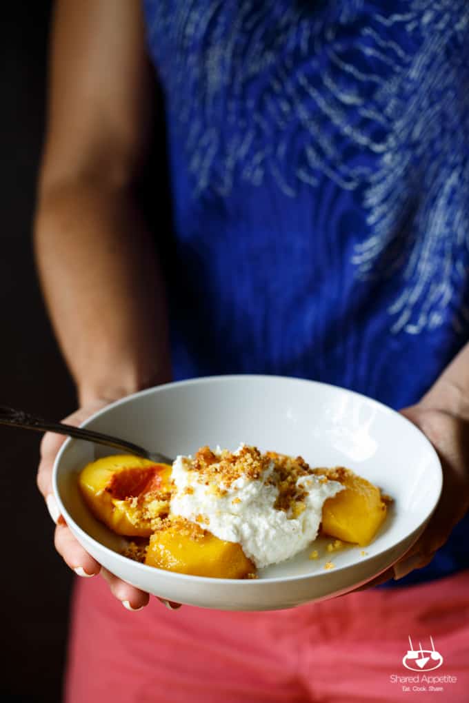 Roasted Peaches with Ricotta Buttercream and Sugared Cornbread Crumbs | sharedappetite.com