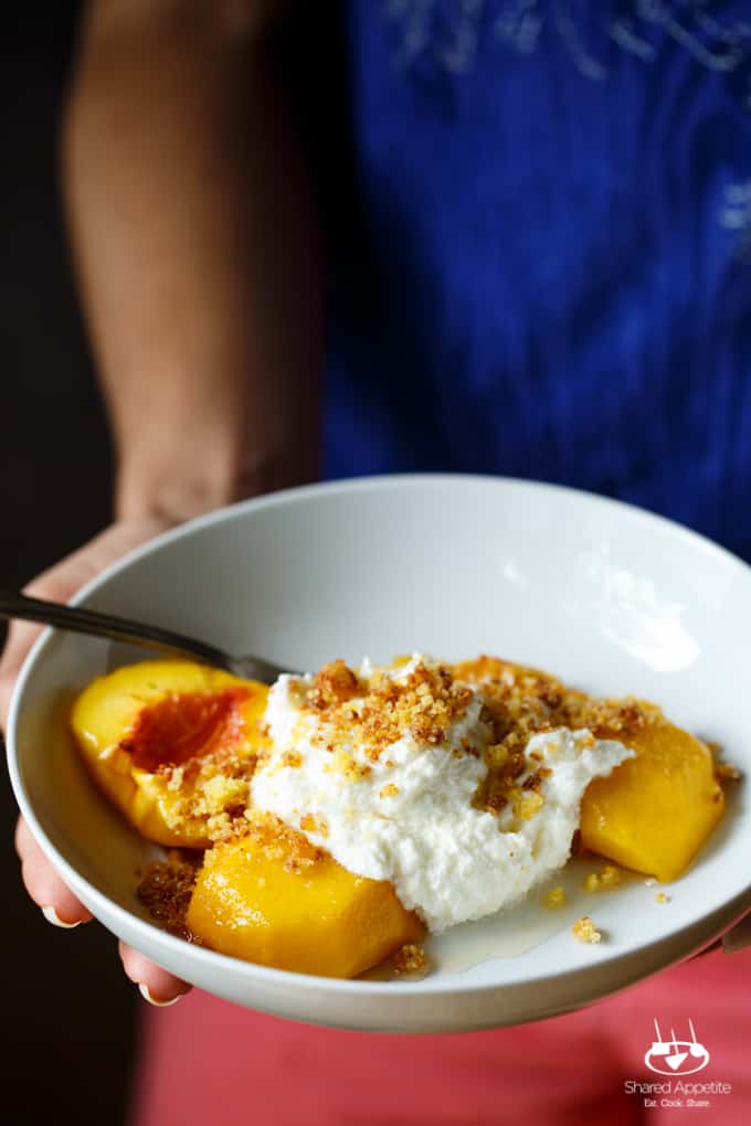 Roasted Peaches with Ricotta Buttercream and Sugared Cornbread Crumbs | sharedappetite.com