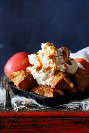 Apple Pie Wontons with Salted Caramel Whipped Cream | sharedappetite.com