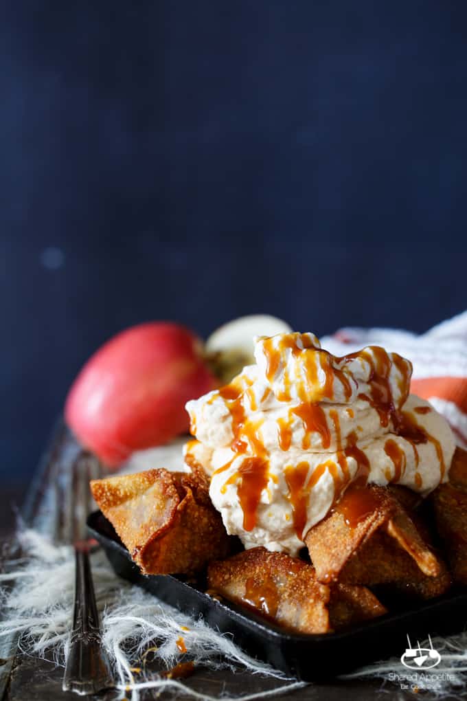 Apple Pie Wontons with Salted Caramel Whipped Cream | sharedappetite.com