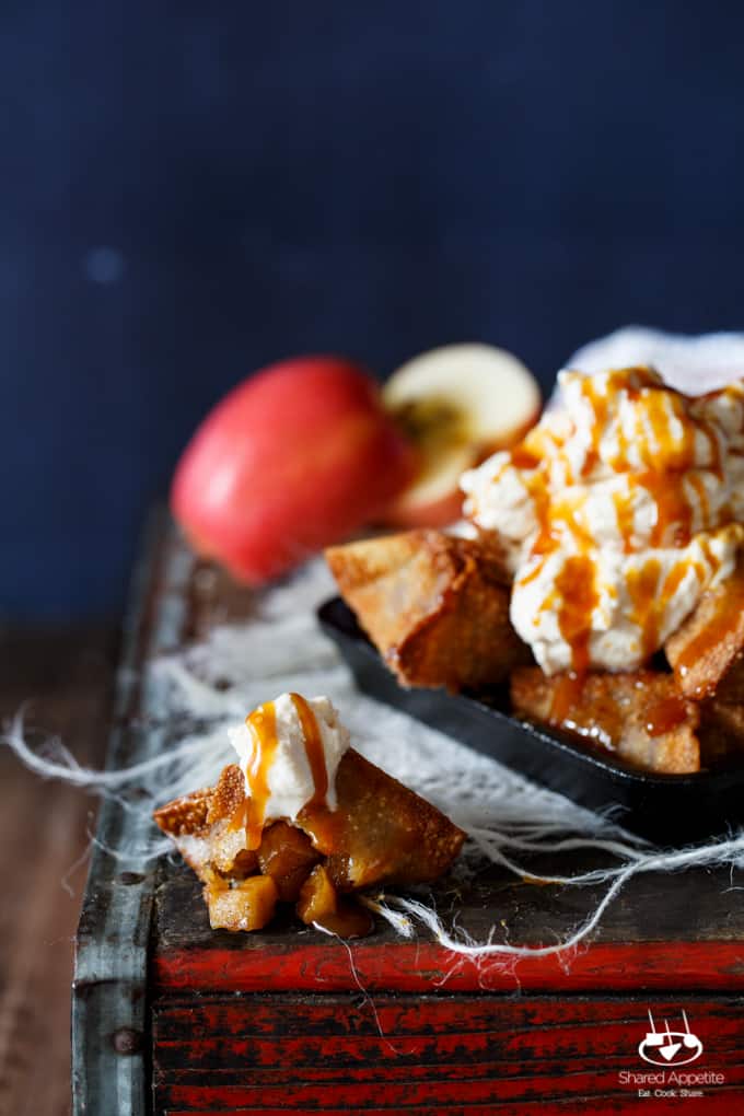 Apple Pie Wontons with Salted Caramel Whipped Cream | sharedappetite.com