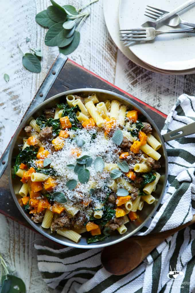 Pasta with Sausage, Roasted Butternut Squash, and Kale | sharedappetite.com #SausageFamily