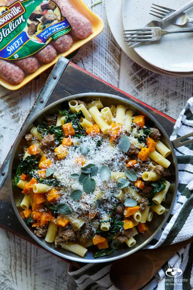 Pasta with Sausage, Roasted Butternut Squash, and Kale | sharedappetite.com #SausageFamily