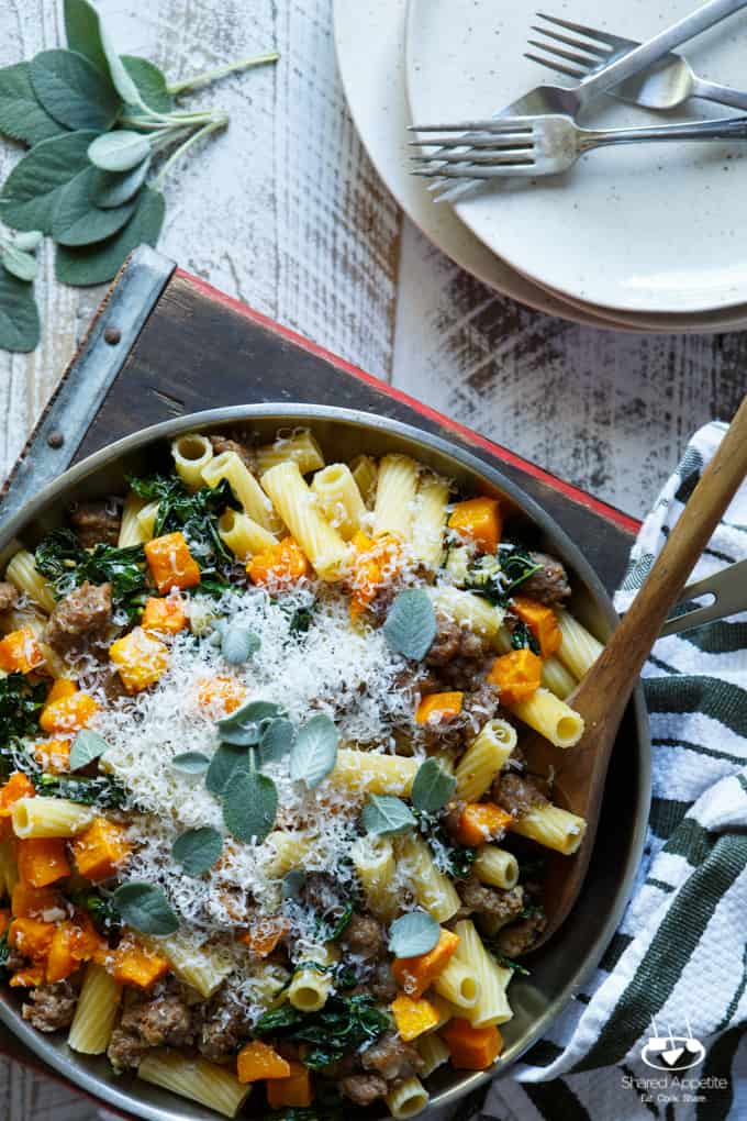 Pasta with Sausage, Roasted Butternut Squash, and Kale | sharedappetite.com #SausageFamily