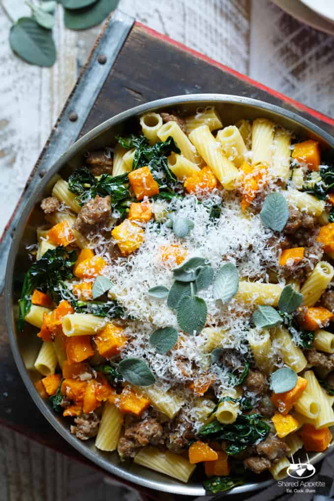 Pasta with Sausage, Roasted Butternut Squash, and Kale | sharedappetite.com #SausageFamily