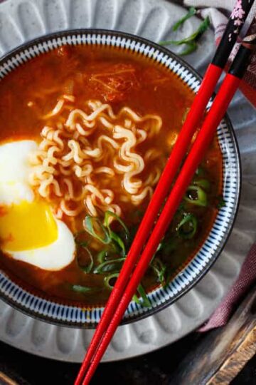 Spicy Korean Kimchi Ramen with Pork Belly, Scallion and Poached Egg | sharedappetite.com