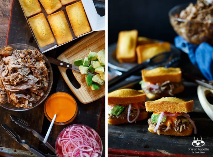 Slow Cooker Pulled Pork Cornbread Sliders with Avocado, Pickled Onions, and Sriracha Mayo | sharedappetite.com