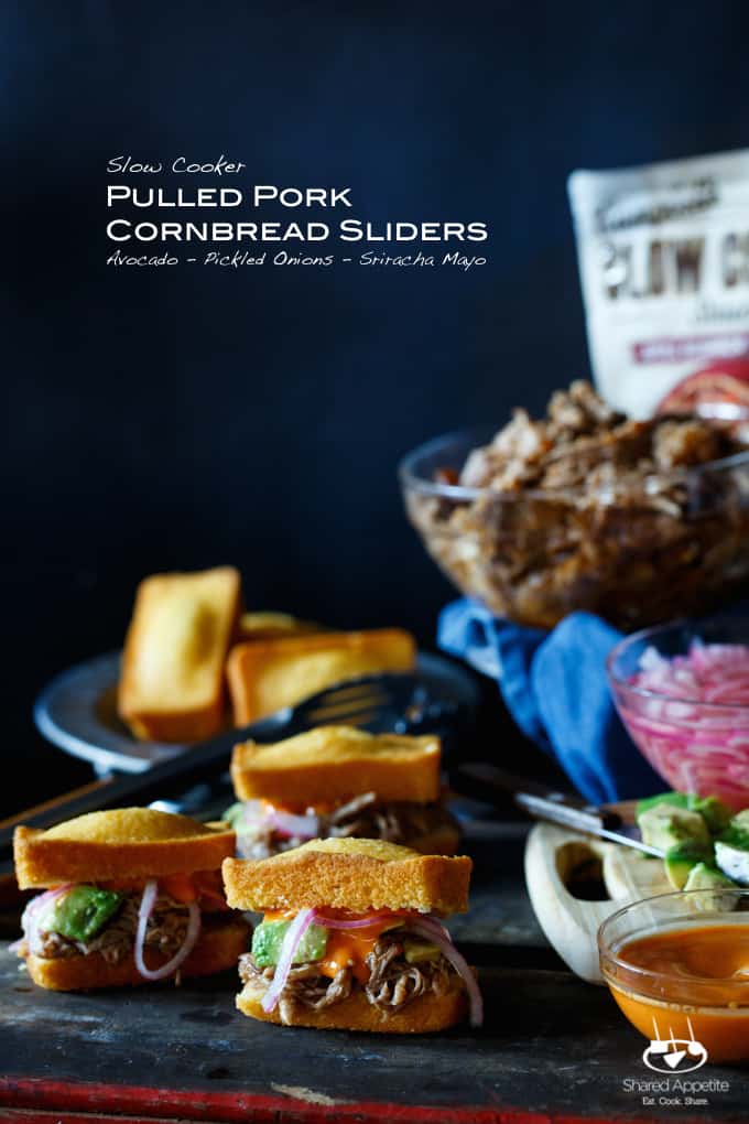 Slow Cooker Pulled Pork Cornbread Sliders with Avocado, Pickled Onions, and Sriracha Mayo | sharedappetite.com