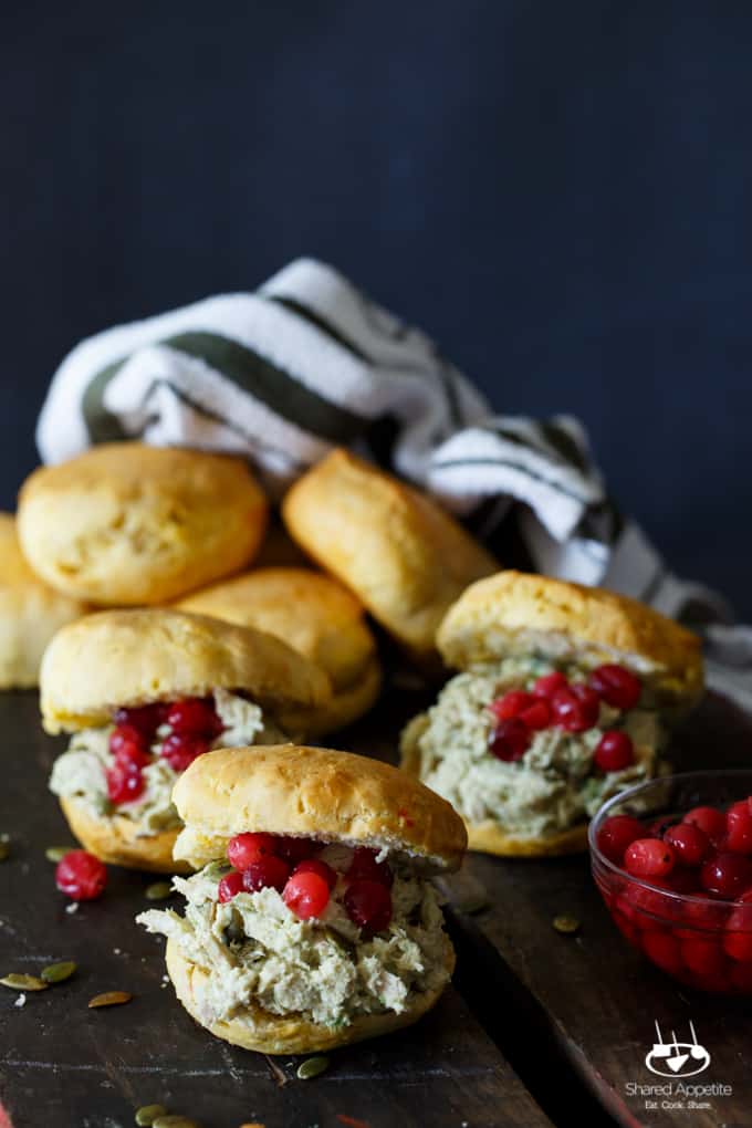 Avocado Jalapeno Turkey Salad Biscuit Sandwiches with Pickled Cranberries | sharedappetite.com