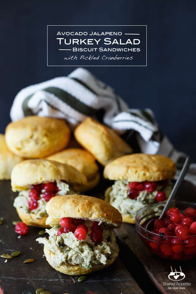 Avocado Jalapeno Turkey Salad Biscuit Sandwiches with Pickled Cranberries | sharedappetite.com