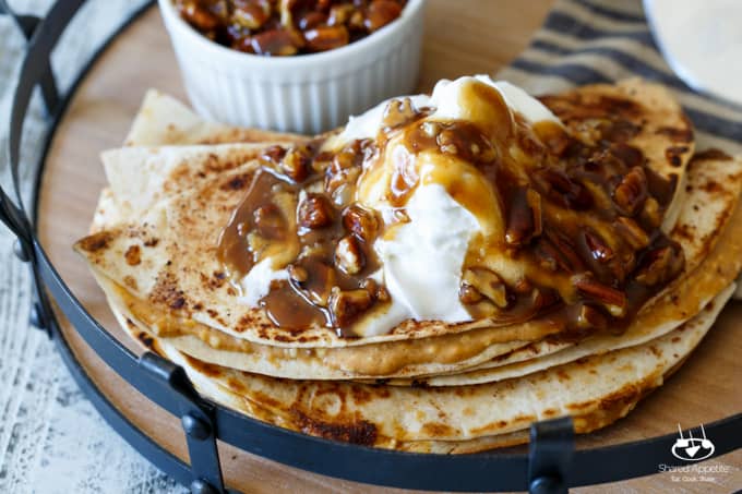 Pumpkin Cheesecake Quesadillas with Pecan Praline Topping | sharedappetite.com