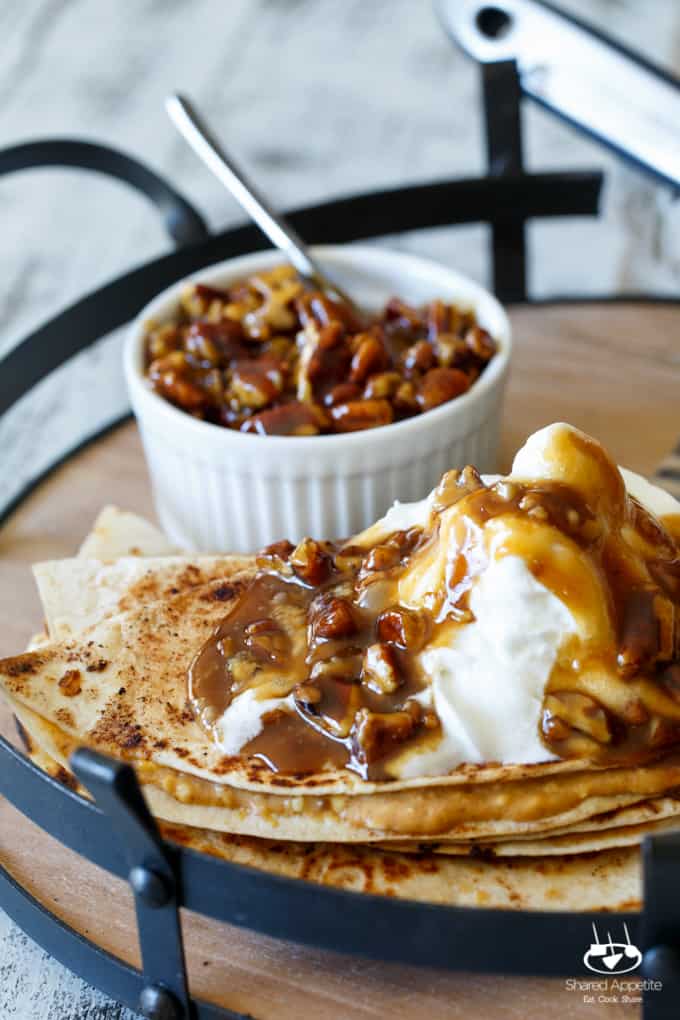 Pumpkin Cheesecake Quesadillas with Pecan Praline Topping | sharedappetite.com