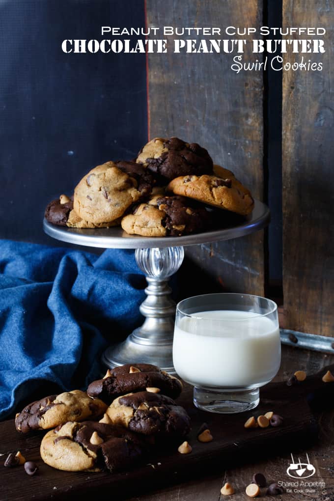 Peanut Butter Cup Stuffed Chocolate Peanut Butter Swirl Cookies | sharedappetite.com